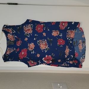 Chelsea & Theodore navy blouse with floral design in shades of pink and burgundy